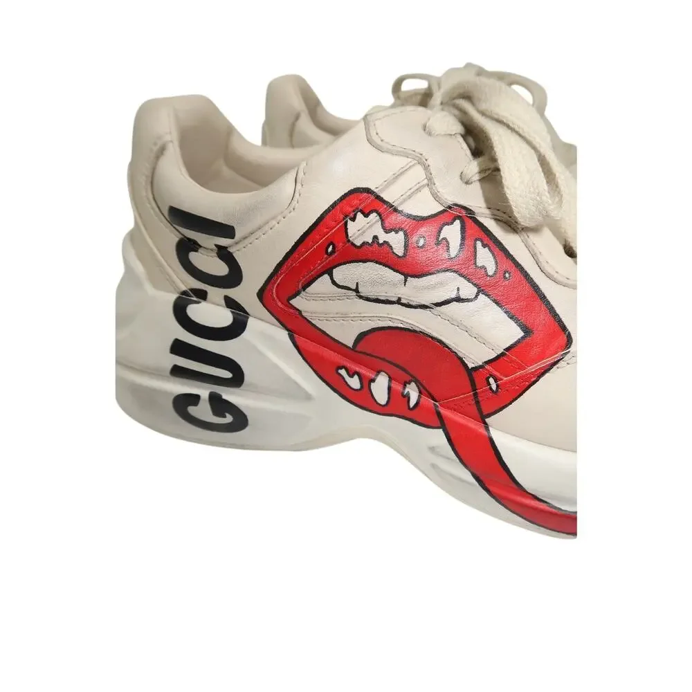 Gucci Rhyton Ivory Leather Mouth Print Lace-Up Sneakers Men's Size 5.5 US 6.5